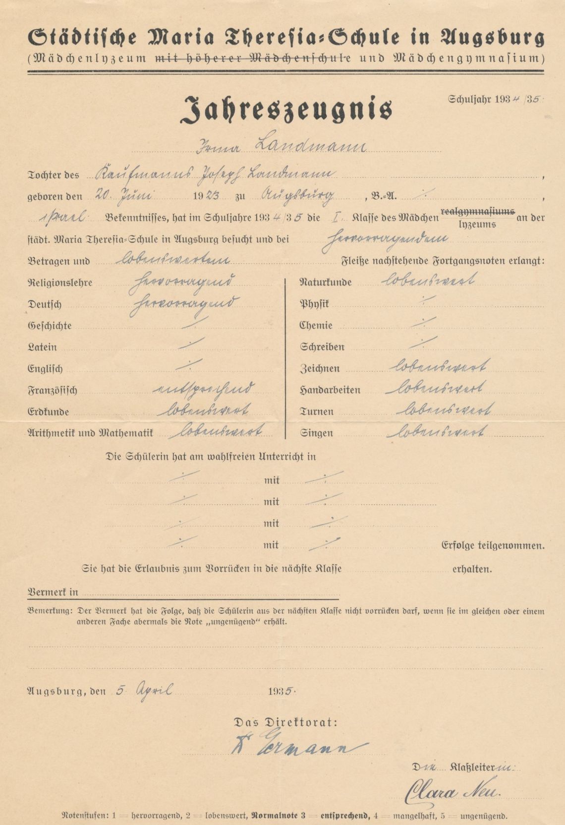 Zeugnis Irma Landmann